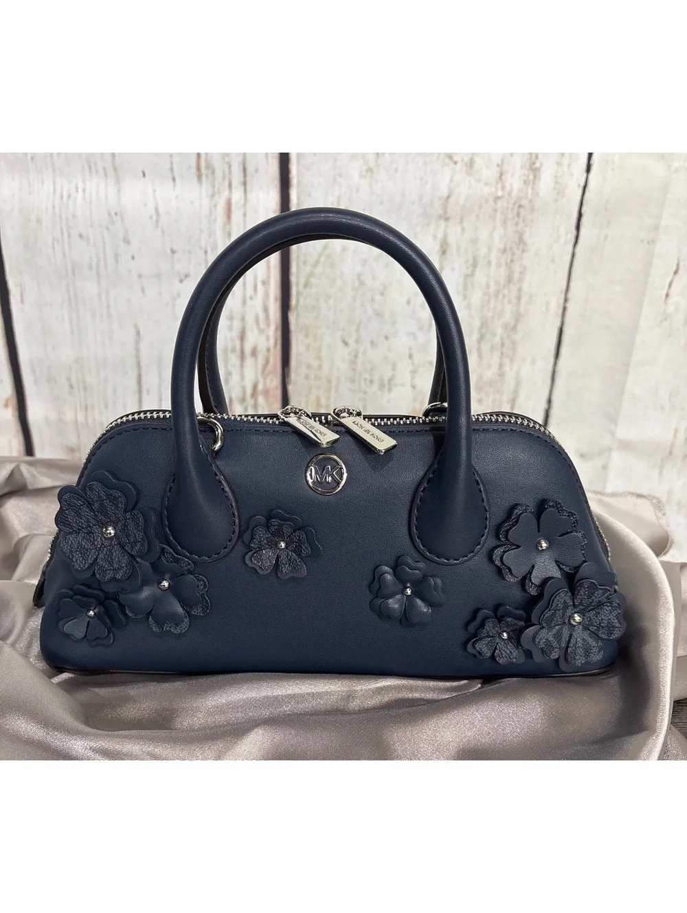 Michael Kors Petra Navy Blue Leather Floral Applique Handbag w/Extra Long Strap